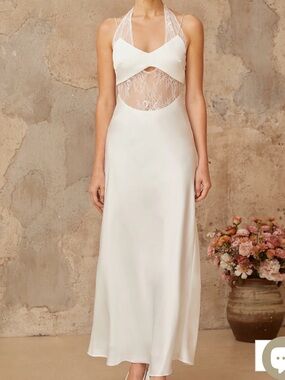 Miss Rosier Blanche White Lace-Panel Satin Maxi Dress
